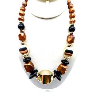 Satiny Brown Beaded Necklace, Vintage Bronze Black and Gold Strand with Retro